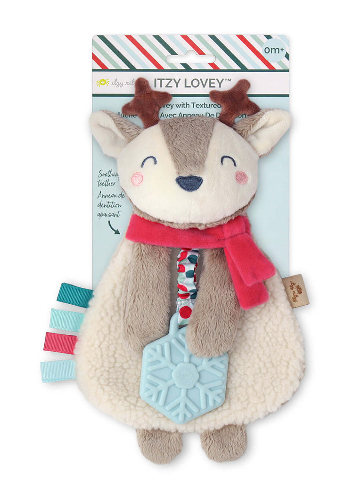 Itzy Lovey, a soft plush with textured teether, featuring a smiling reindeer design and colorful tags. Ideal for infants.