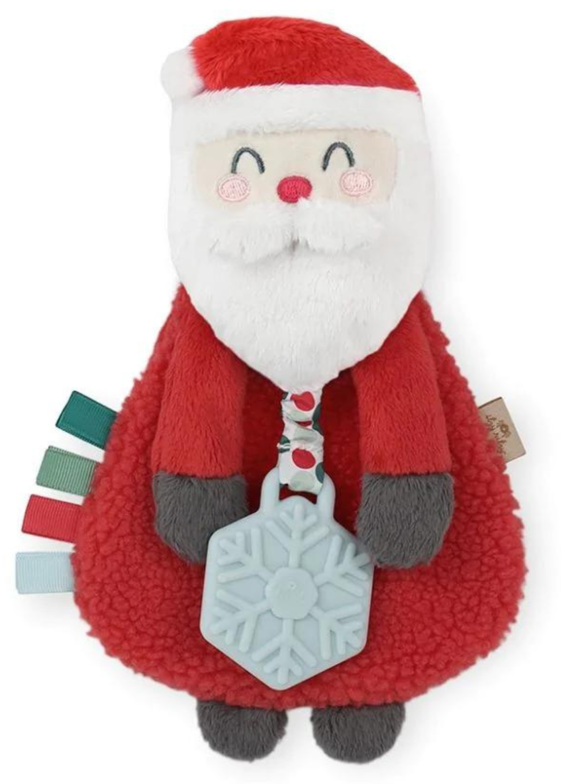 Soft Santa plush toy with tags and a silicone snowflake teether, perfect for babies and toddlers.