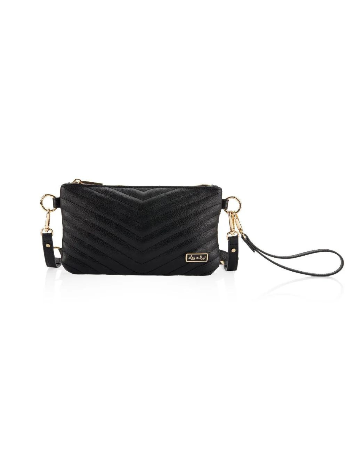 Black quilted handbag with gold accents and detachable wrist strap, perfect for chic, everyday use.