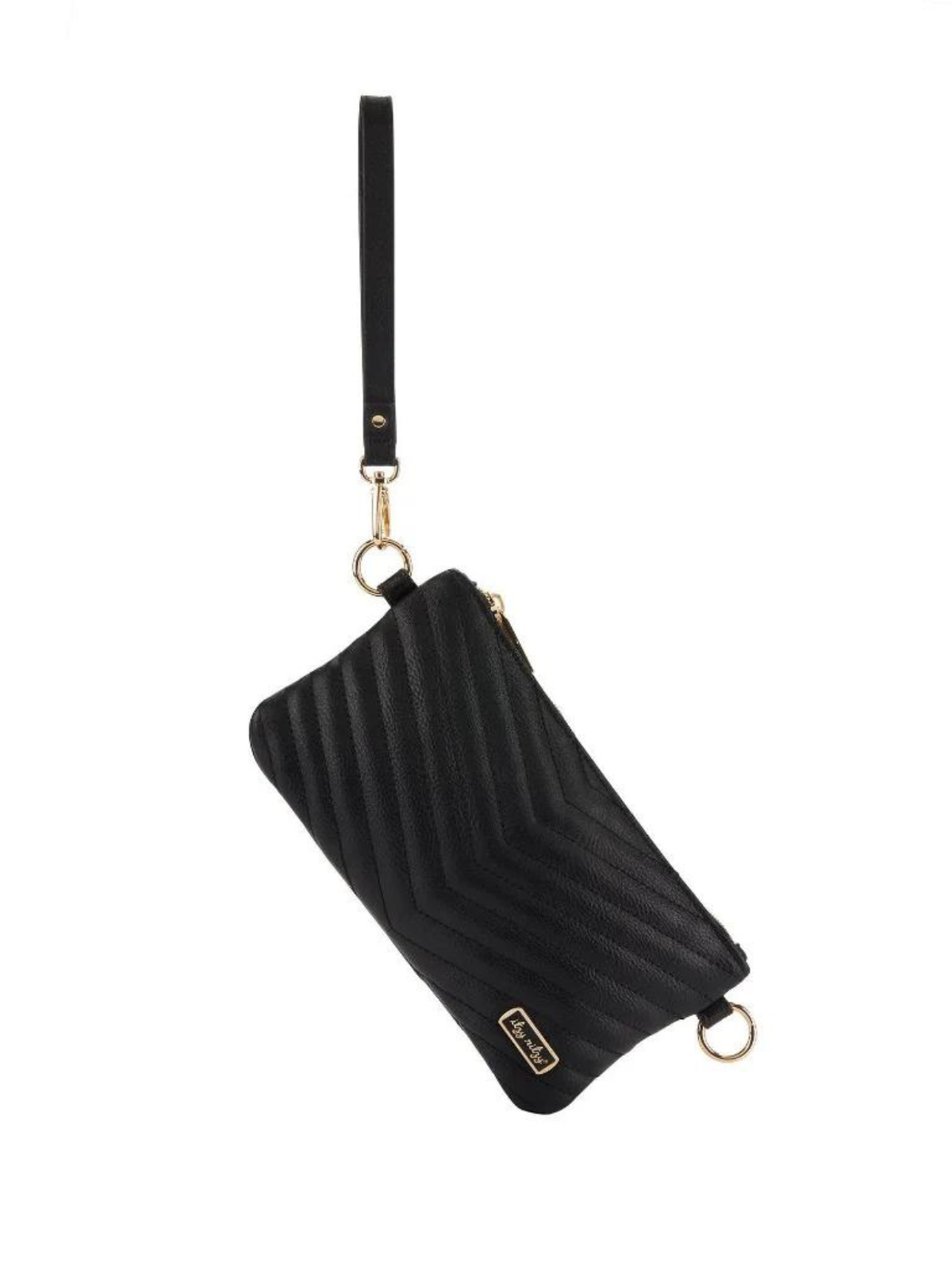 Black chevron-patterned clutch purse with a gold-tone zipper and detachable strap. Ideal for stylish outings.