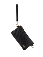 Black chevron-patterned clutch purse with a gold-tone zipper and detachable strap. Ideal for stylish outings.