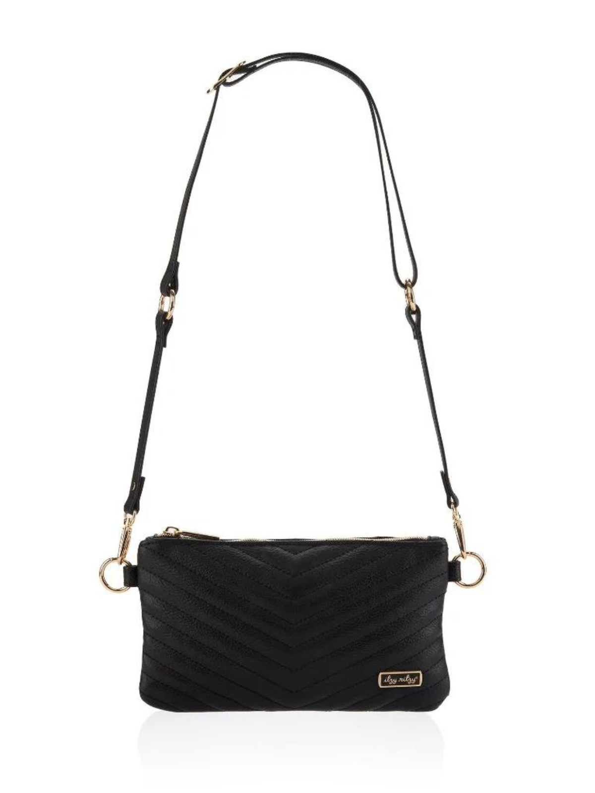Black chevron-patterned crossbody purse with gold accents and adjustable strap. Suitable for casual and formal occasions.