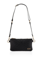 Black chevron-patterned crossbody purse with gold accents and adjustable strap. Suitable for casual and formal occasions.