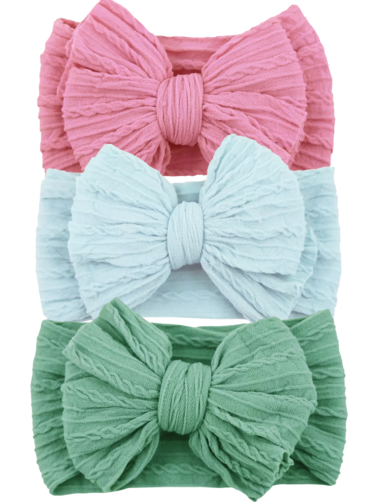 Three textured headbands in pink, light blue, and green with oversized bows, perfect for fashion accessories.