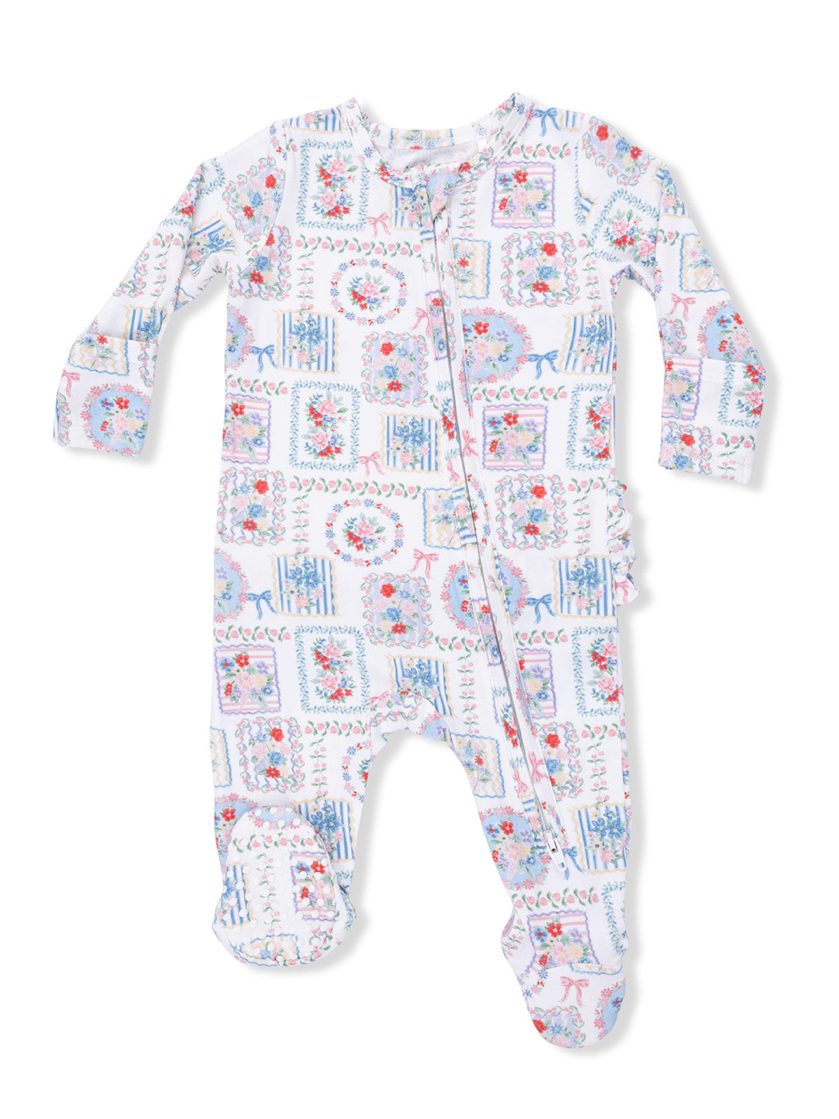 Colorful floral-patterned baby romper with long sleeves and footed design.
