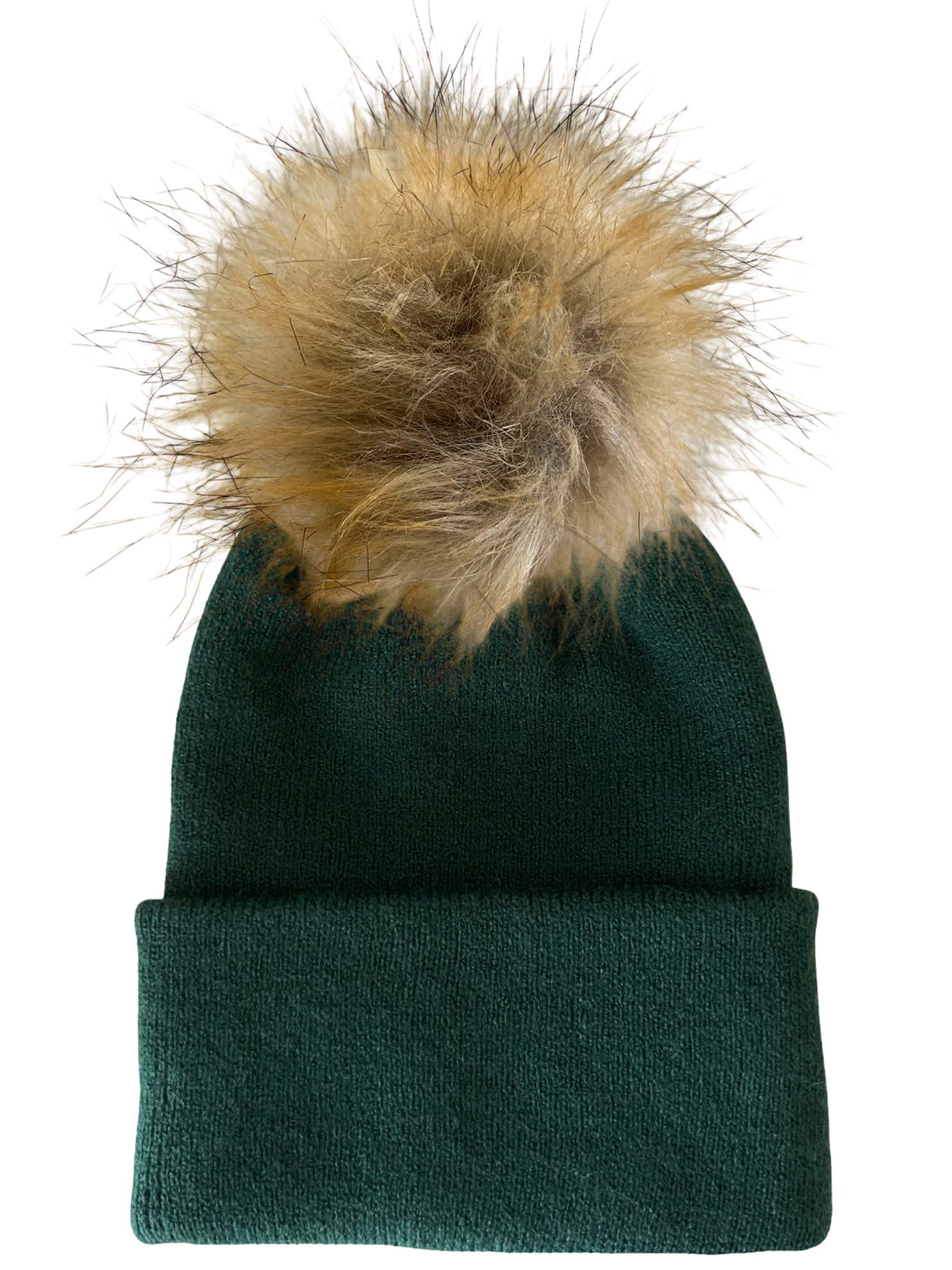 Green knit beanie with a fluffy tan pom-pom on top.