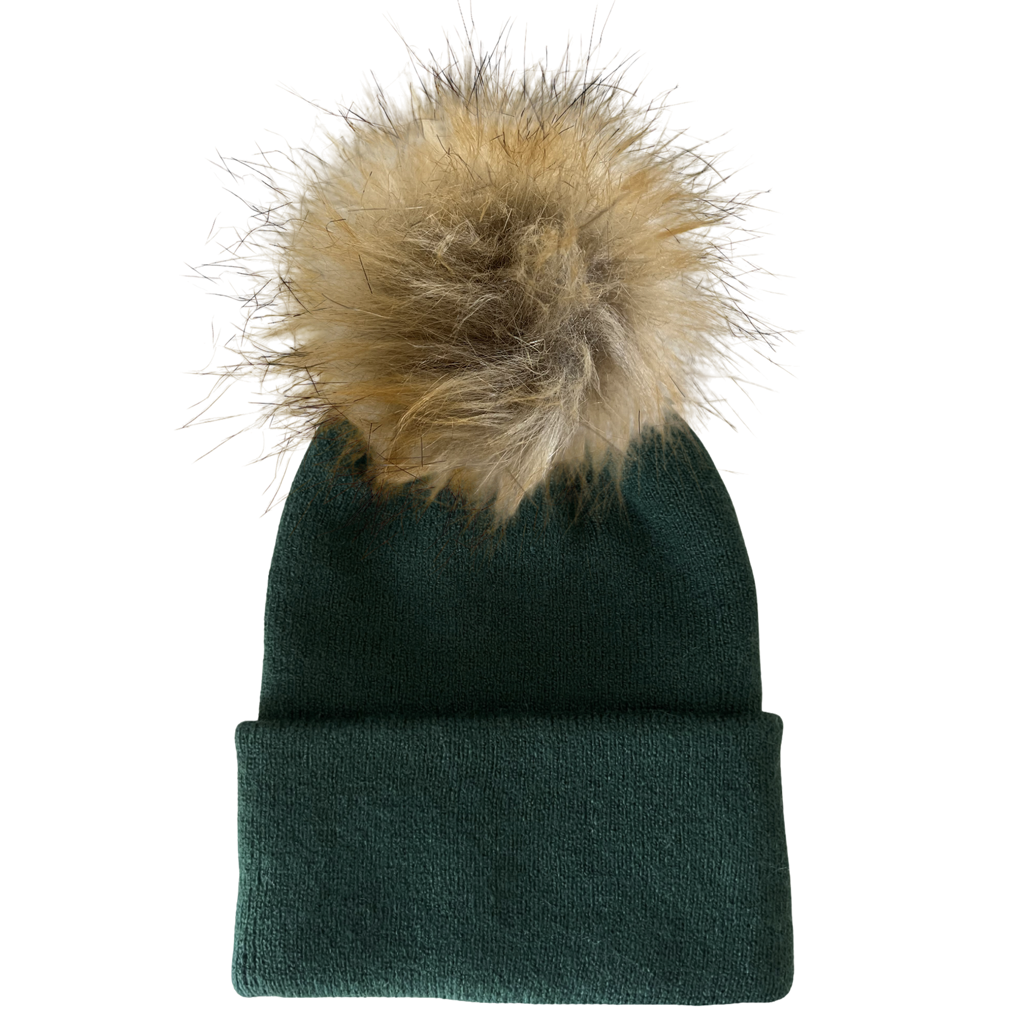 Green knit beanie with a fluffy tan pom-pom on top.