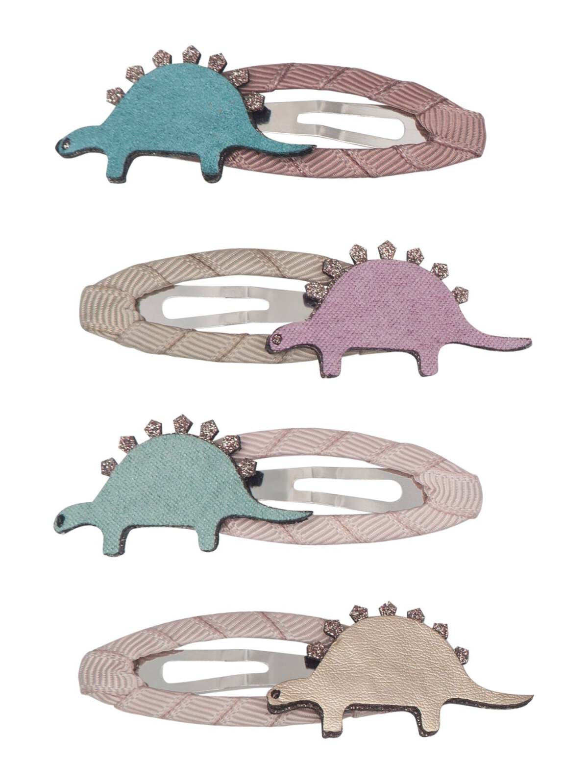 Four colorful dinosaur hair clips featuring unique designs and textures in blue, green, pink, and beige.