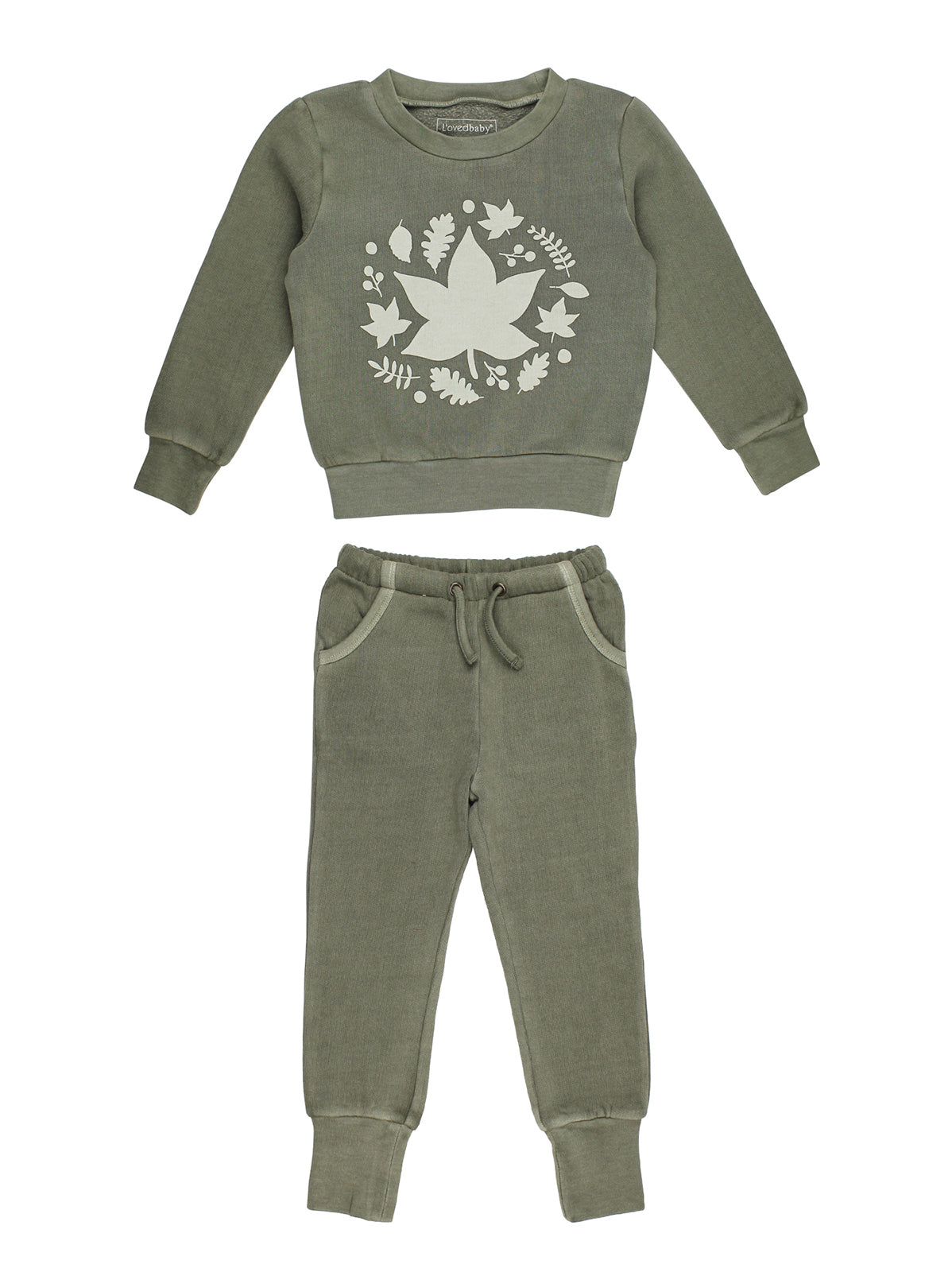 Olive green kids' outfit featuring a long-sleeve sweatshirt and matching jogger pants with a leaf design.