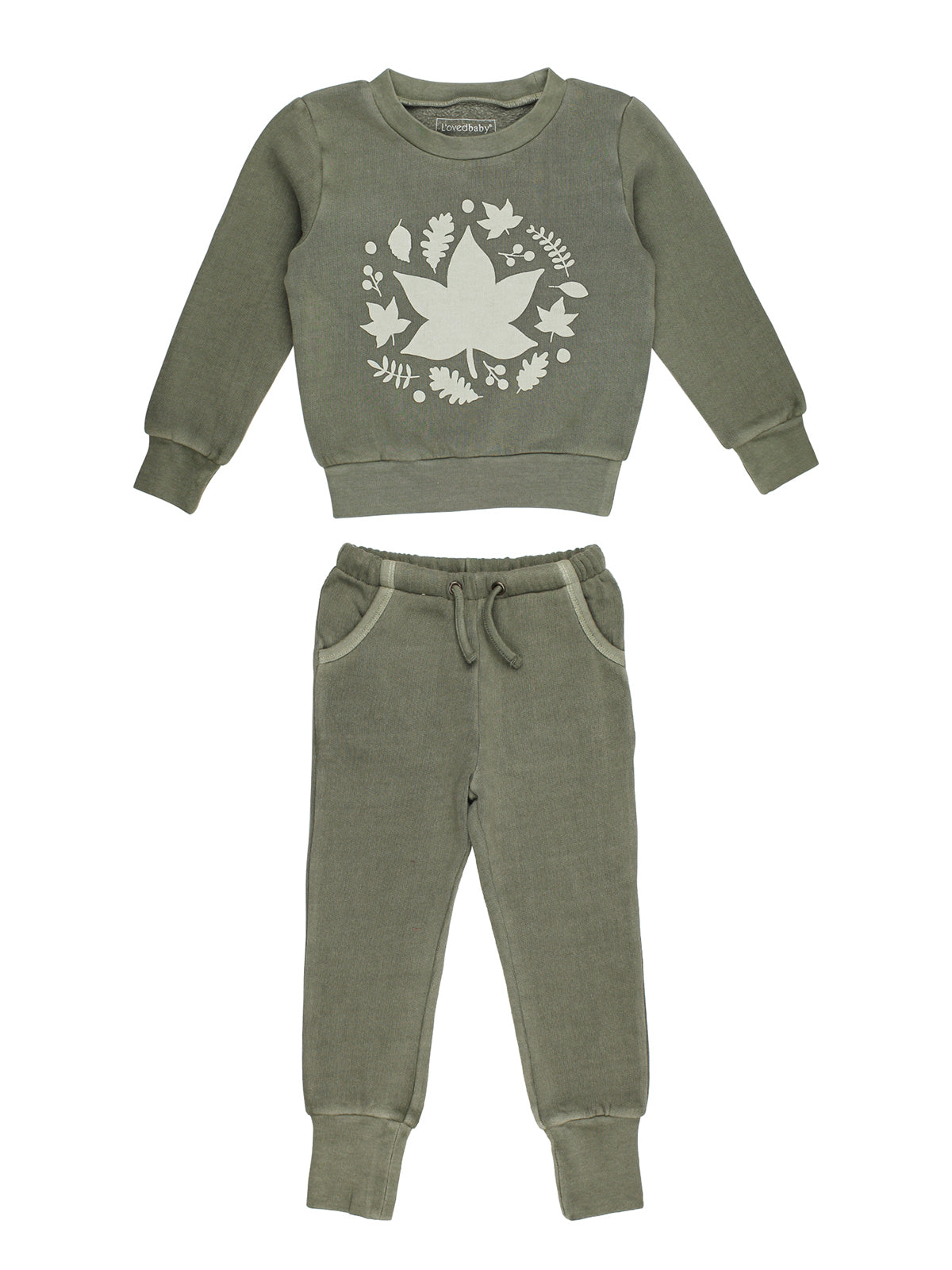 Olive green kids' outfit featuring a long-sleeve sweatshirt and matching jogger pants with a leaf design.