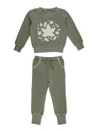 Olive green kids' outfit featuring a long-sleeve sweatshirt and matching jogger pants with a leaf design.