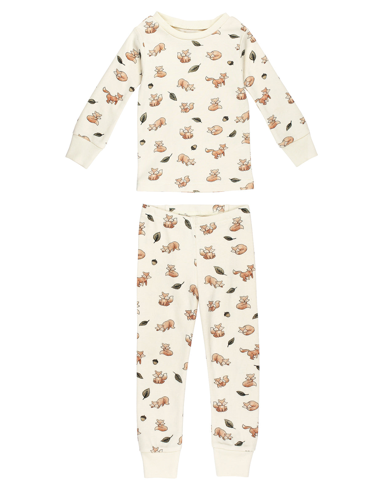 Children's cream pajama set featuring playful animal and leaf patterns in soft pastel colors.