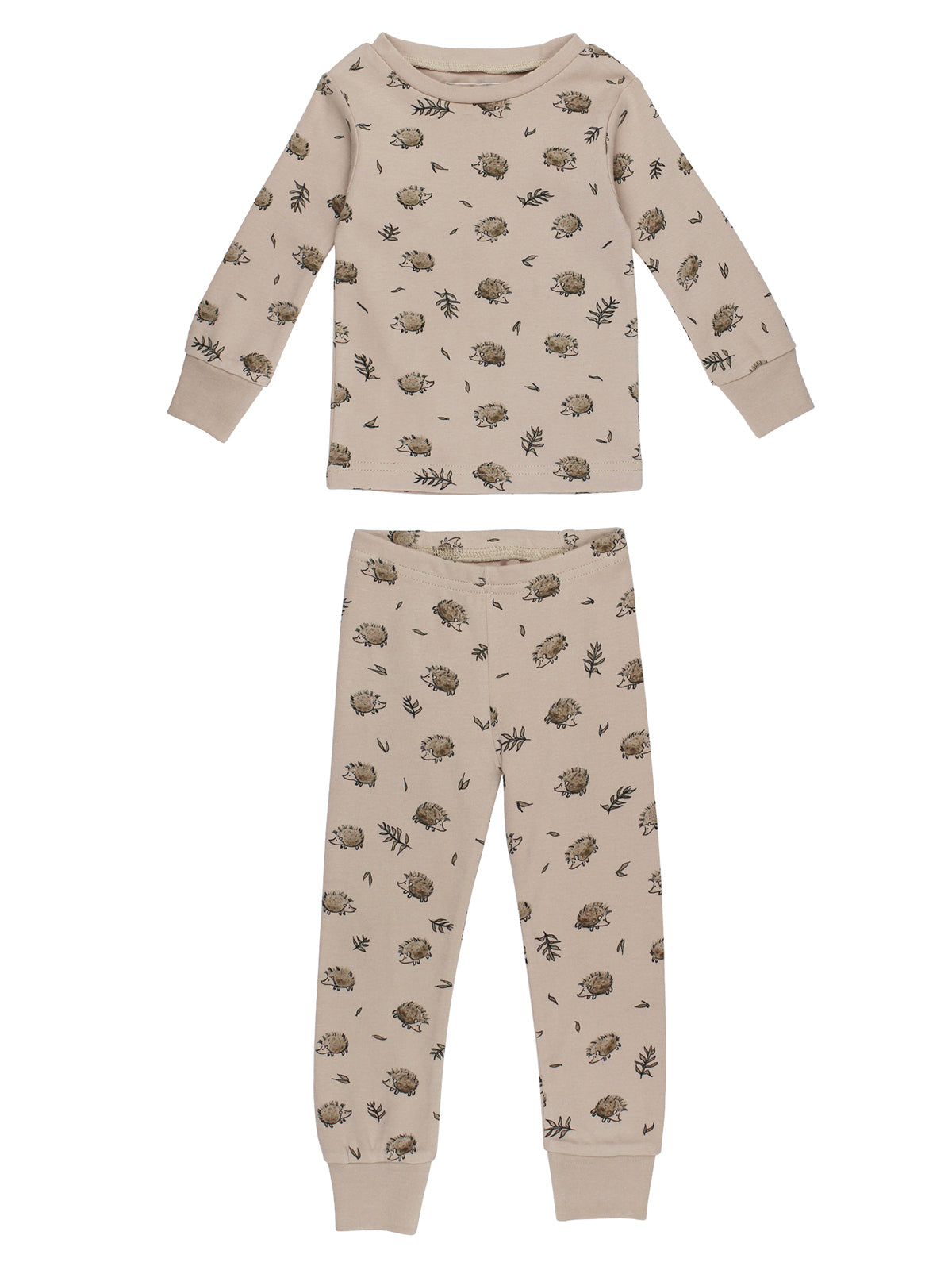 Beige pajama set featuring hedgehog and leaf patterns, includes long-sleeve top and pants.