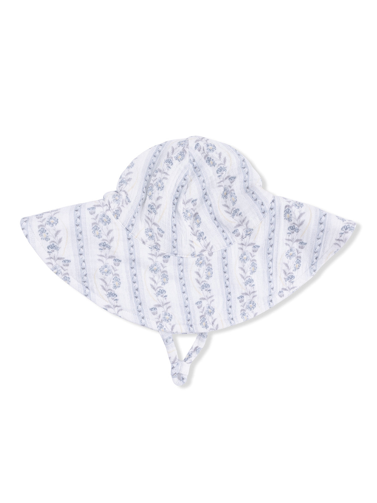 Floral patterned wide-brim hat with ties, ideal for sun protection.