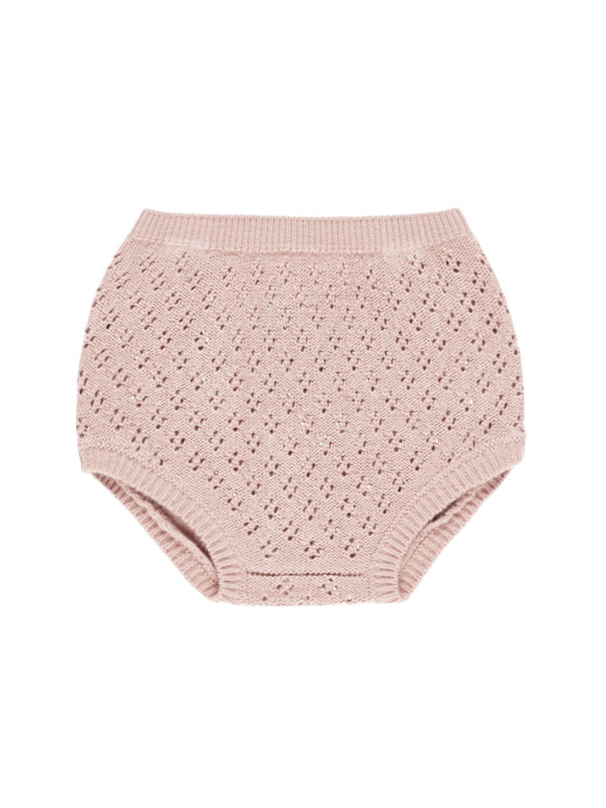 Light pink knitted baby bloomer with decorative pattern and ribbed waistband. Ideal for infant wear.