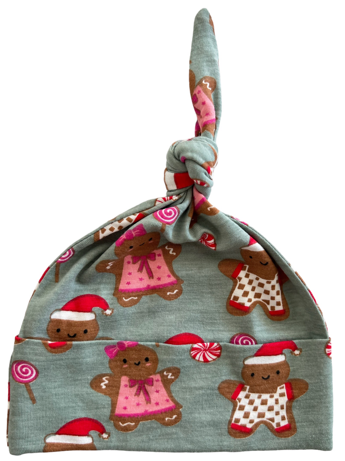 Gingerbread-themed hat in light blue with cute patterns of gingerbread figures, candy canes, and festive hats.