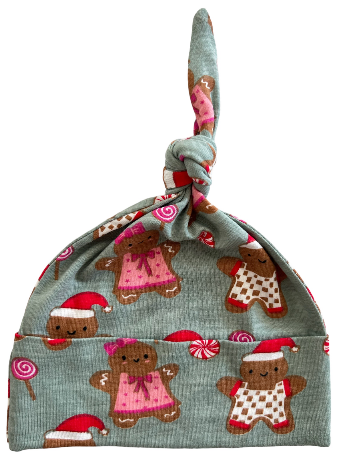 Gingerbread-themed hat in light blue with cute patterns of gingerbread figures, candy canes, and festive hats.