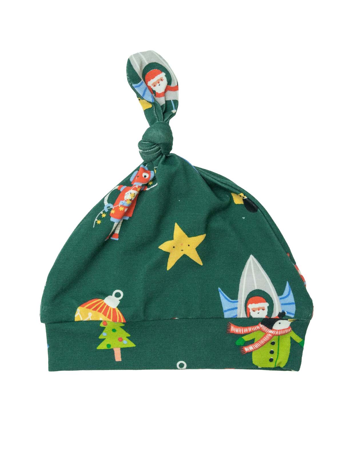 Green baby hat with festive patterns of Santa, Christmas trees, and stars. Ideal for holiday celebrations.