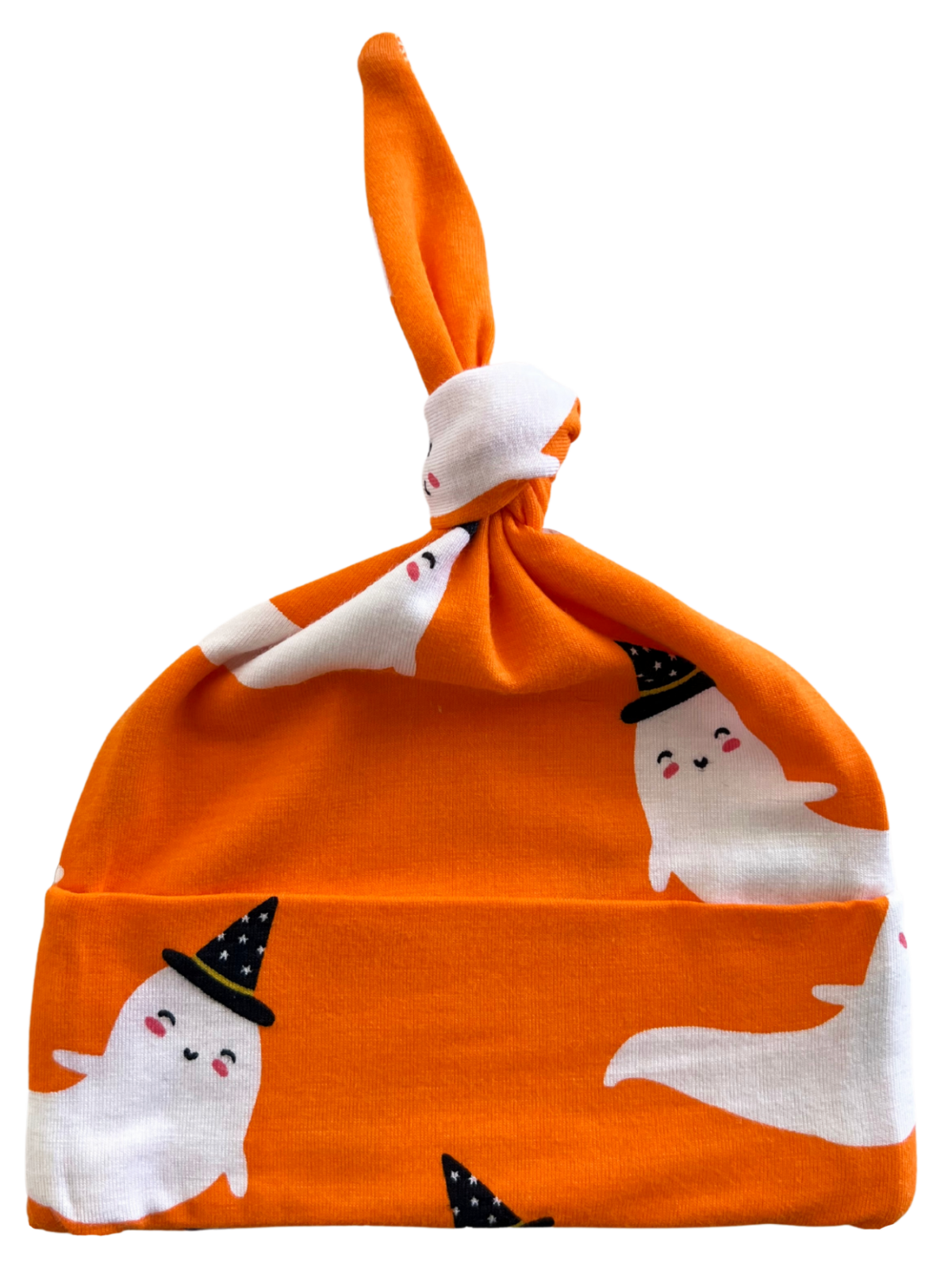 Orange baby hat with playful ghost and witch hat designs, perfect for Halloween or festive activities.