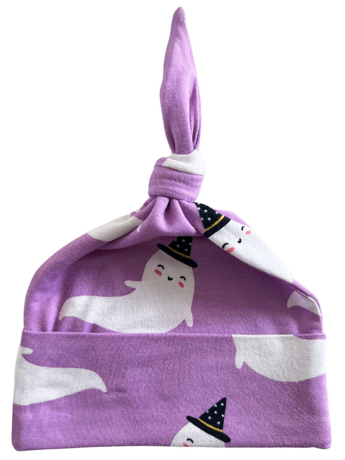 Purple hat with ghost patterns and a black wizard hat, tied at the top. Perfect for Halloween-themed outfits.