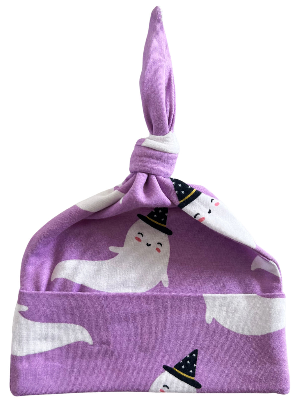 Purple hat with ghost patterns and a black wizard hat, tied at the top. Perfect for Halloween-themed outfits.