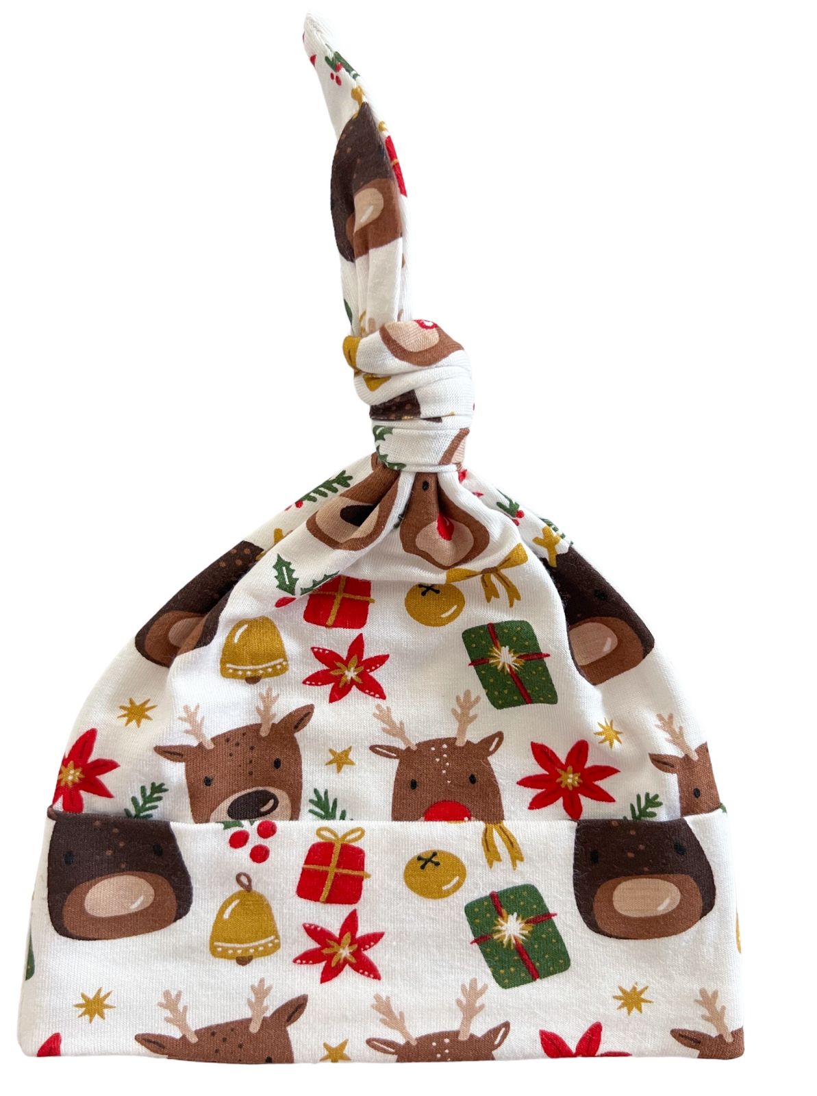 Knotted holiday hat with reindeer, gifts, and festive patterns against a white background.