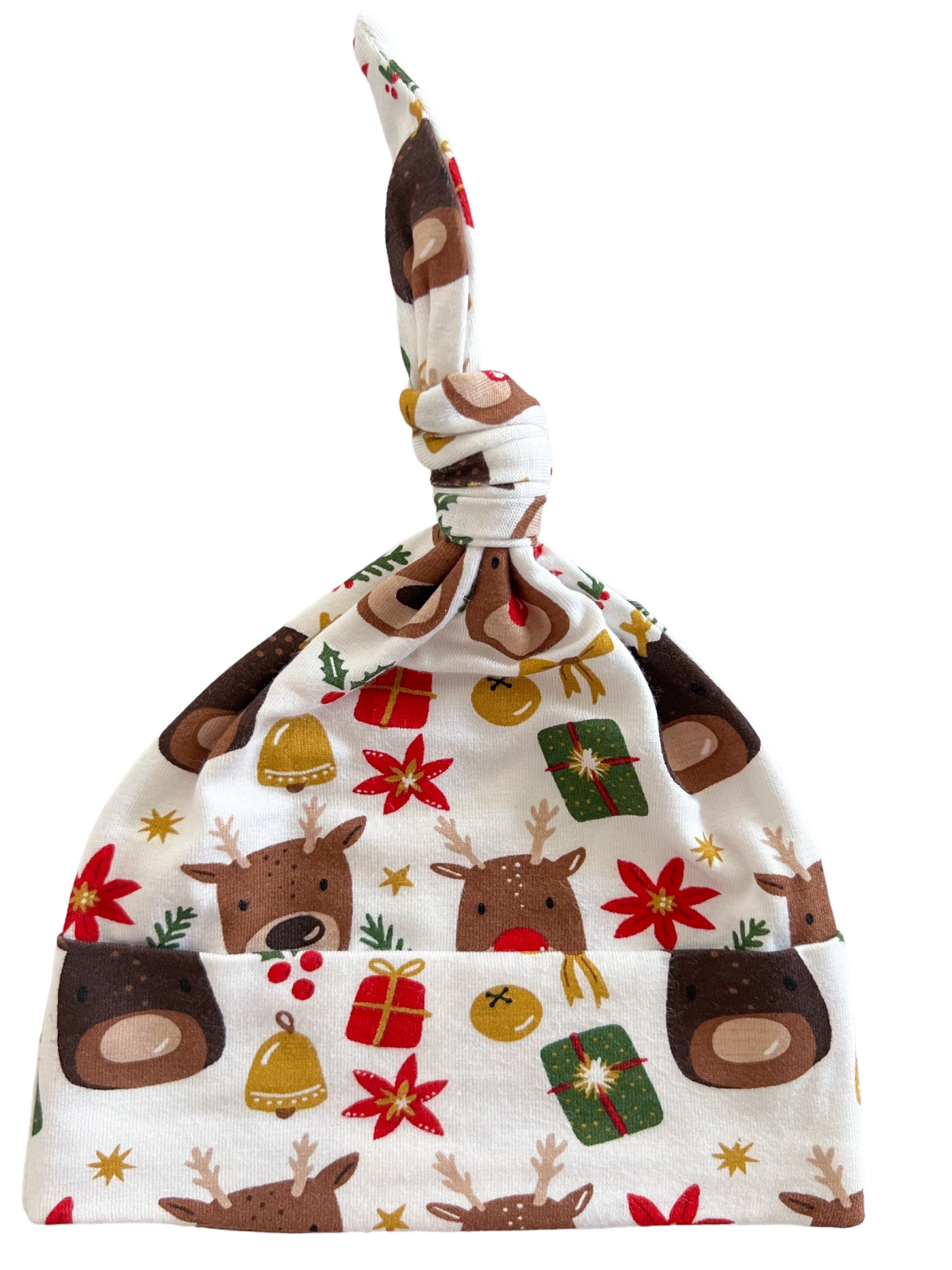 Knotted holiday hat with reindeer, gifts, and festive patterns against a white background.