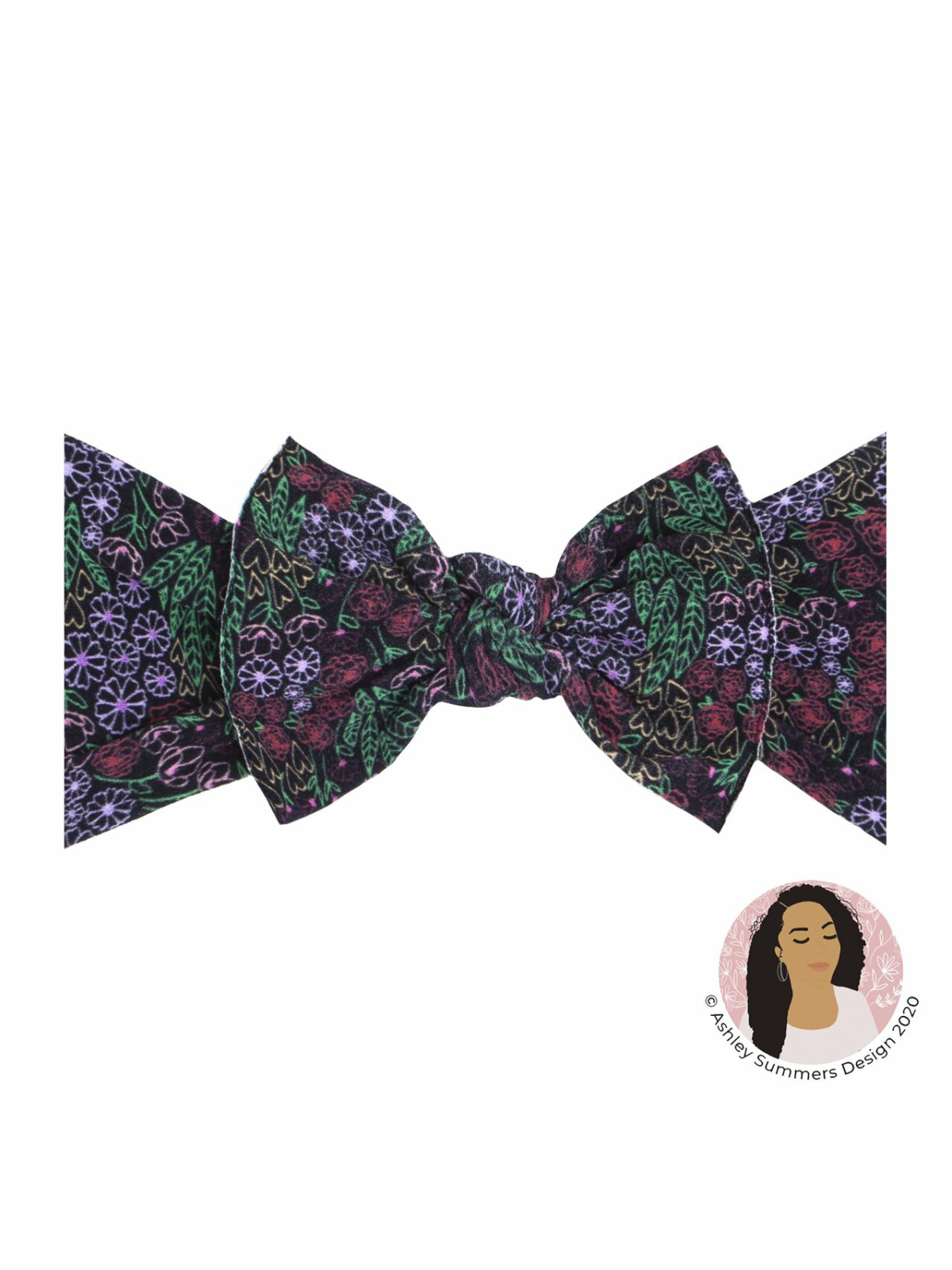 Colorful floral bow with a black background, featuring vibrant leaves and flowers. Ideal for accessories or fashion.