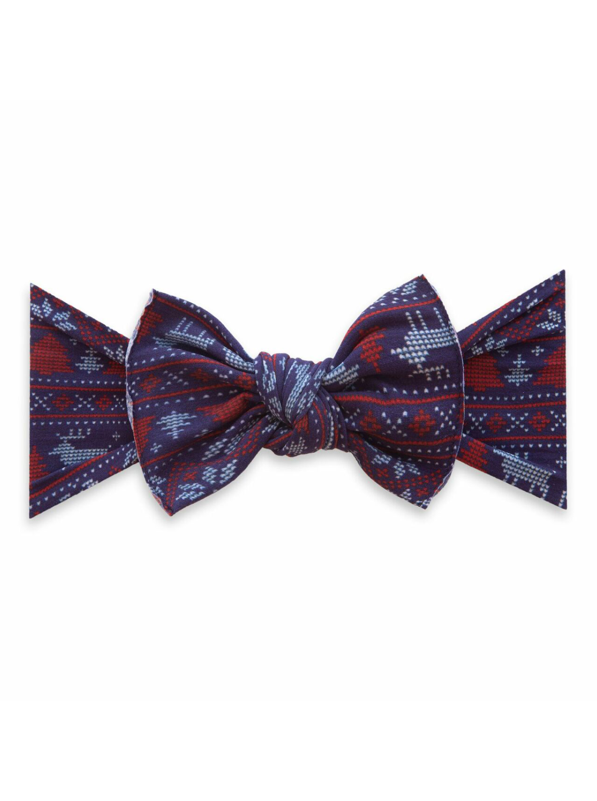 Navy blue bow tie with geometric patterns in red and blue shades, elegantly knotted in the center.