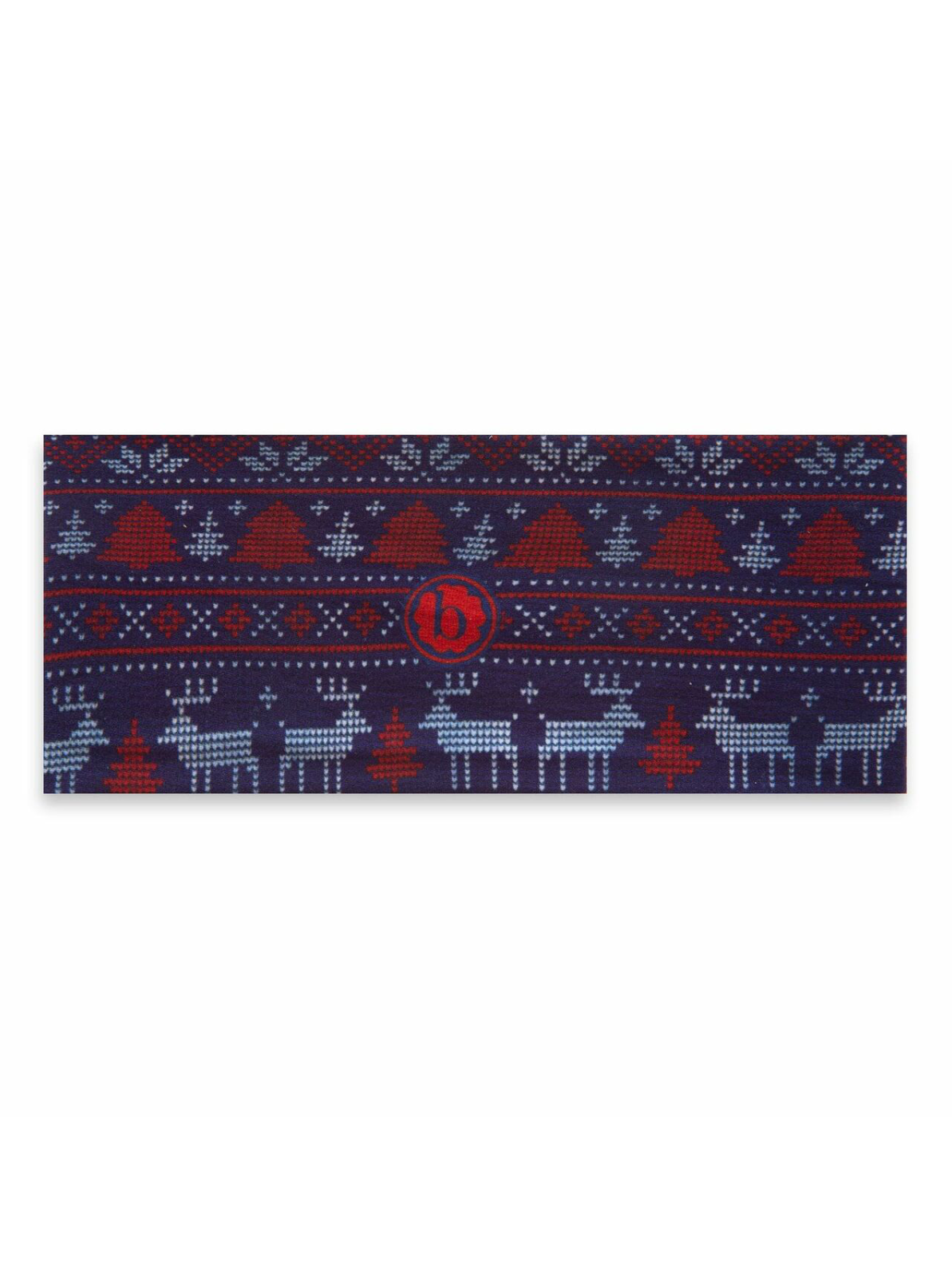 Patterned fabric featuring reindeer, trees, and geometric designs in navy, red, and light blue tones.