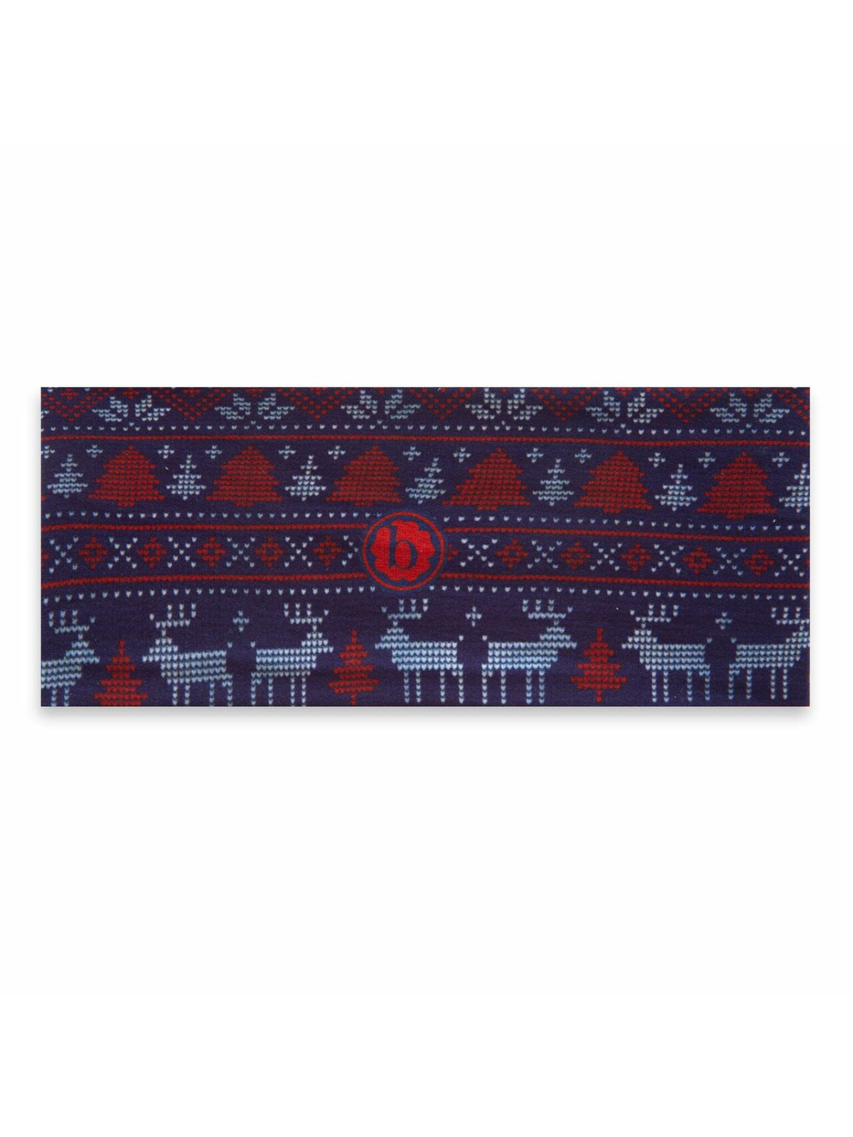 Patterned fabric featuring reindeer, trees, and geometric designs in navy, red, and light blue tones.