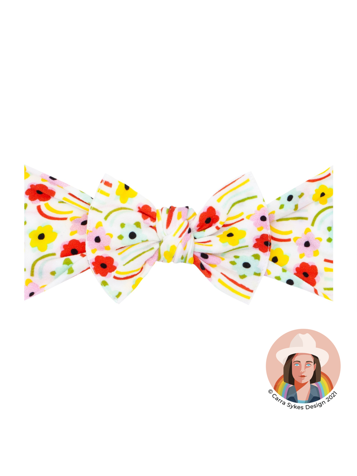 Floral hair bow with red, yellow, and pink flowers on a white background. Designed by Carra Sykes.