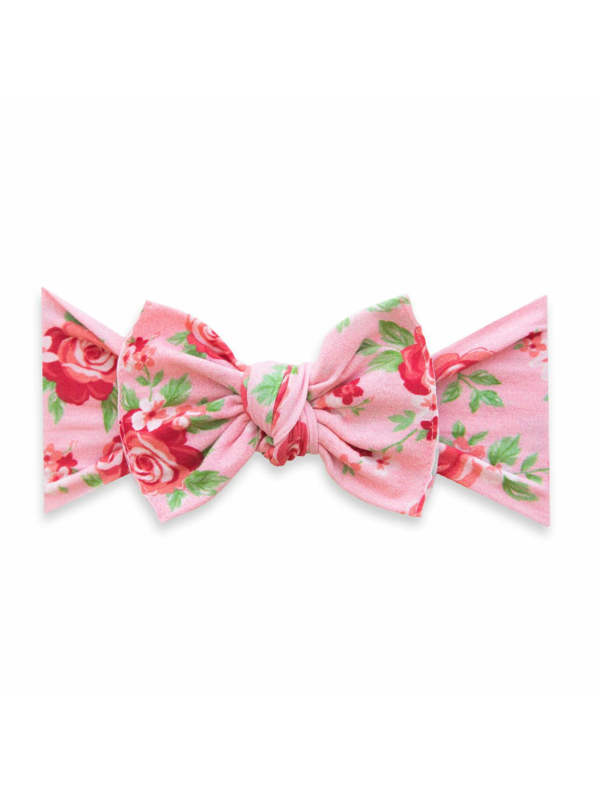 Pink floral headband with roses, featuring a large bow and a soft, fabric texture. Ideal for children's accessories.