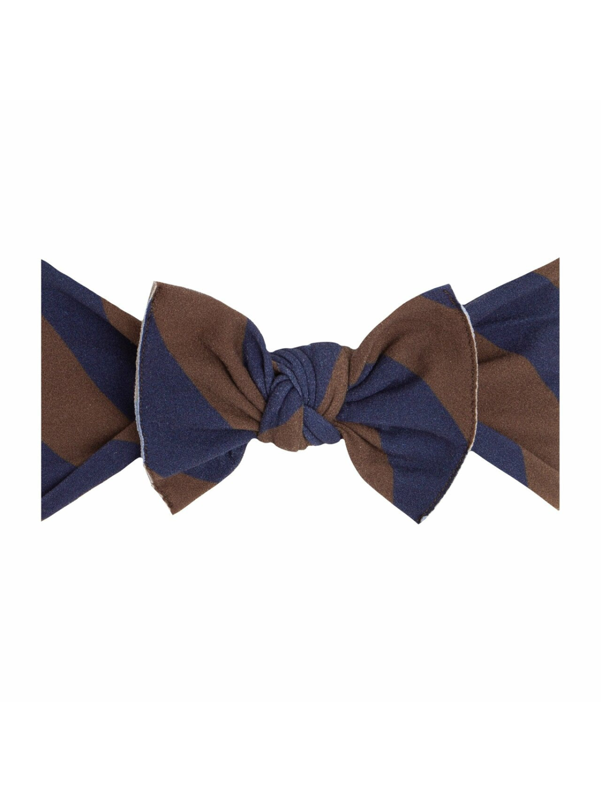 Brown and navy striped bow tie with a knotted center detail.