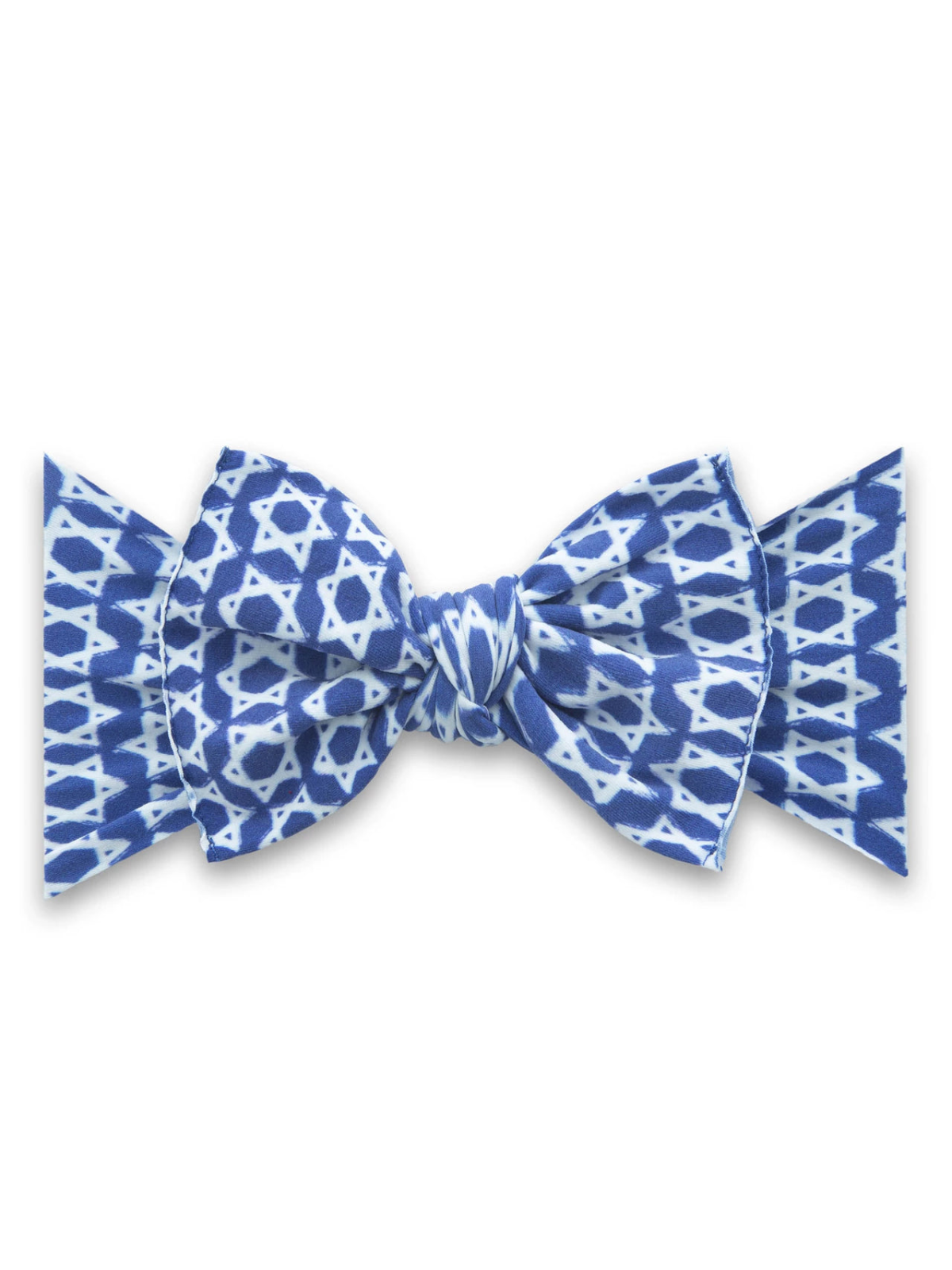 Blue bow tie with white Star of David pattern on a solid background.