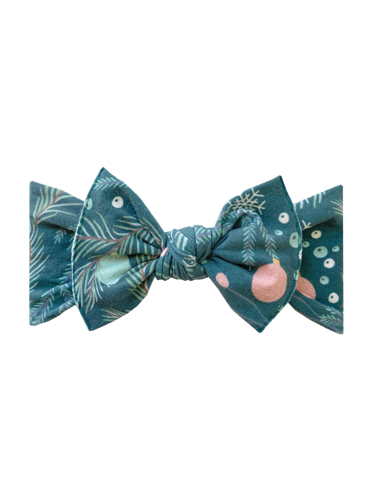 Turquoise bow with green foliage and pink ornaments, ideal for festive occasions.