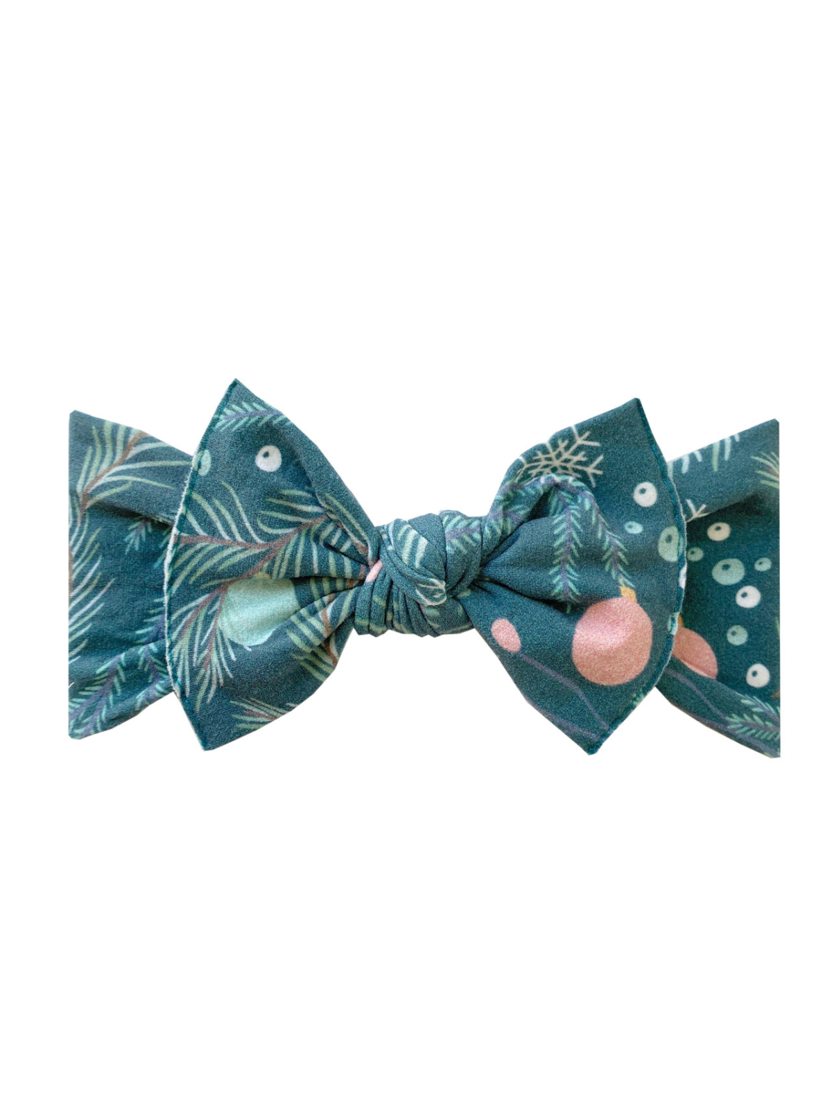 Turquoise bow with green foliage and pink ornaments, ideal for festive occasions.