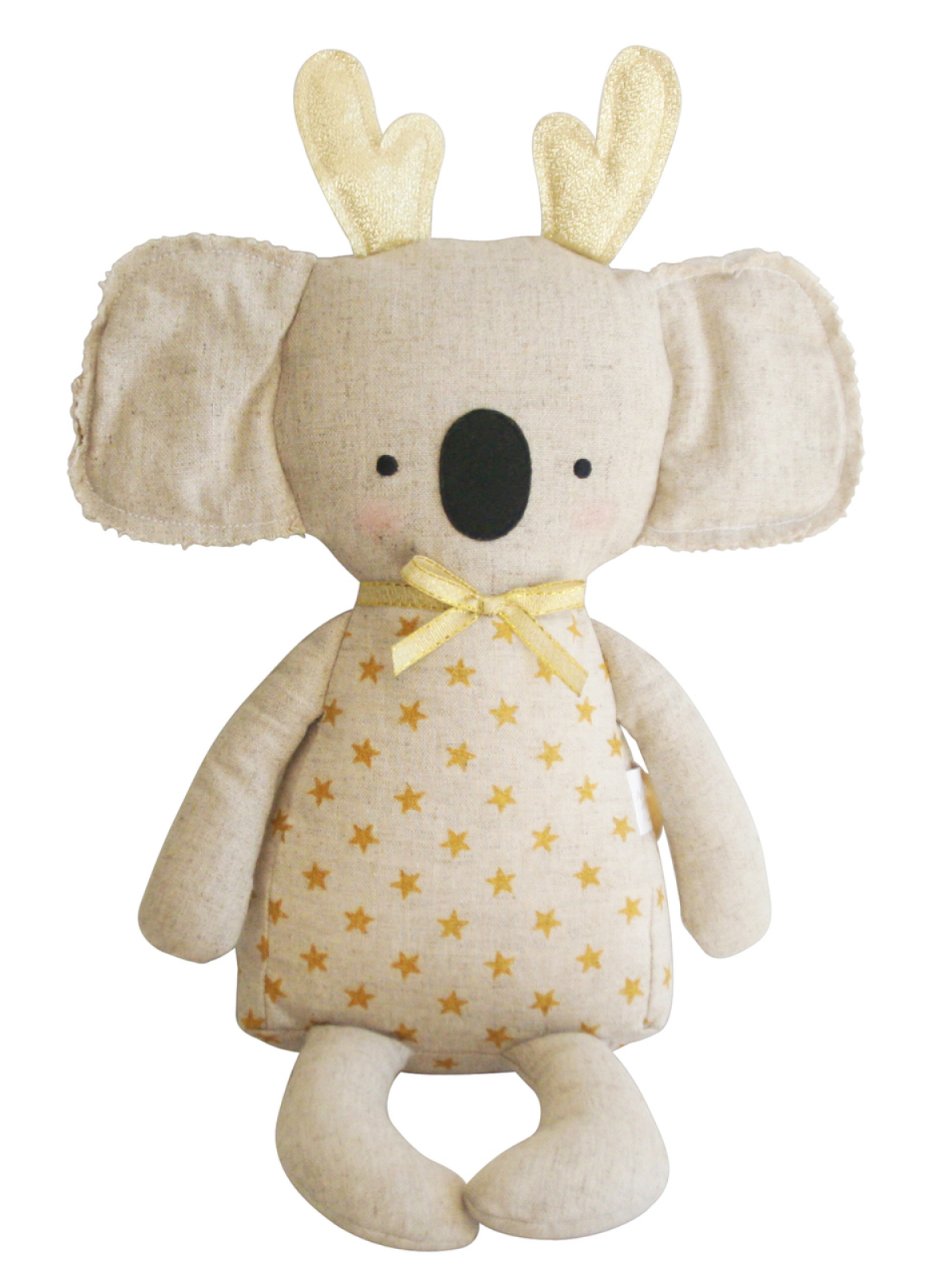 Soft koala plush toy with golden antlers and star-patterned body, wearing a yellow ribbon around its neck.