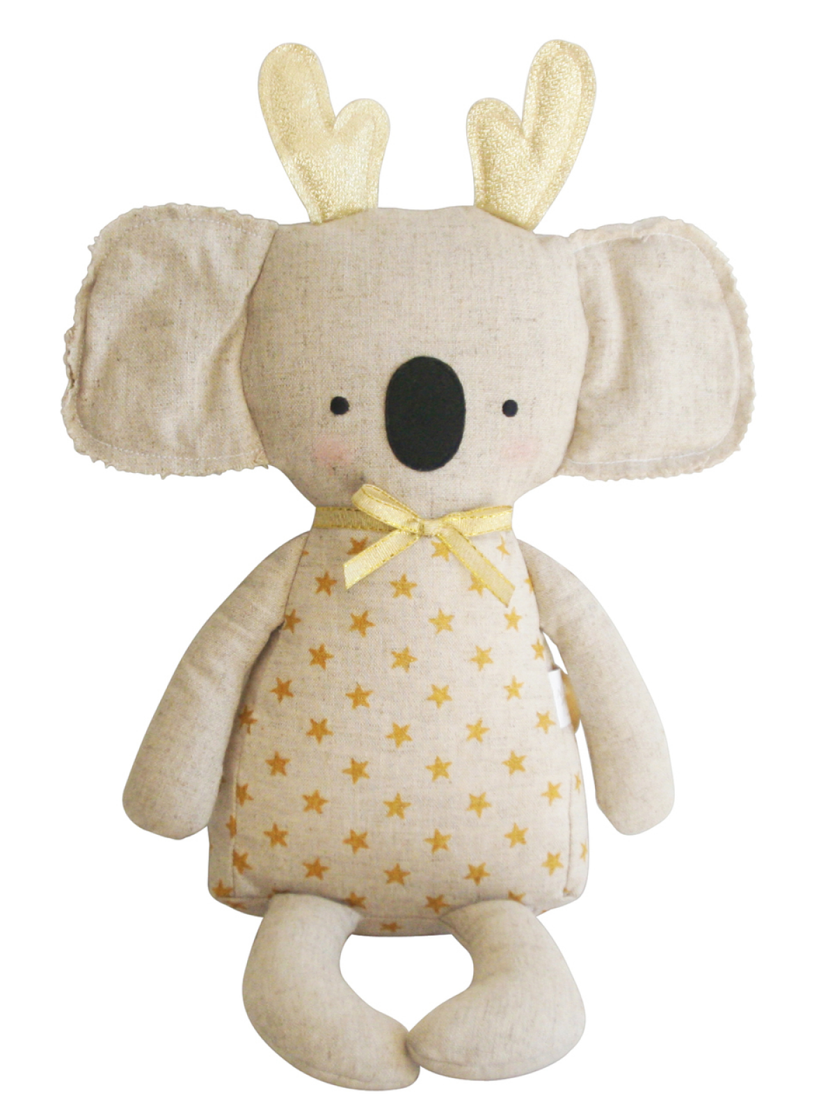 Soft koala plush toy with golden antlers and star-patterned body, wearing a yellow ribbon around its neck.