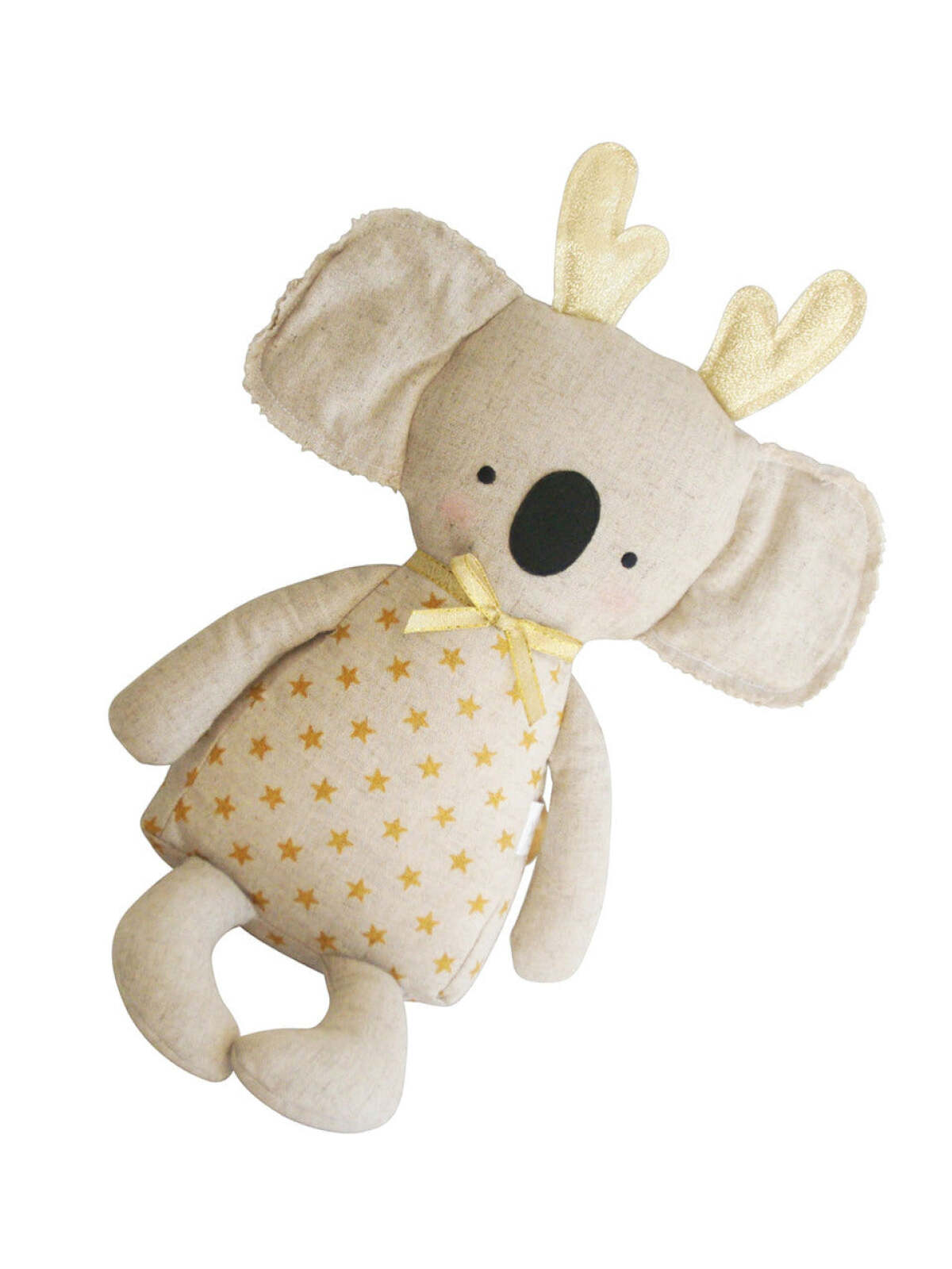 Stuffed koala toy with golden antlers and star-patterned body. Soft and adorable design for children.