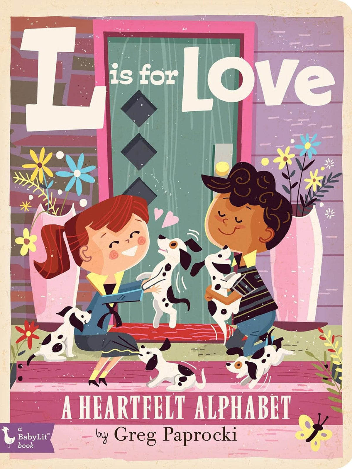 Cover of "L is for Love," featuring kids and puppies by a colorful door, celebrating love and friendship.