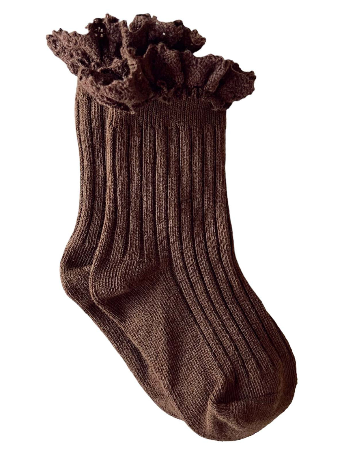 Brown ribbed socks with a ruffled top, perfect for cozy and stylish wear.