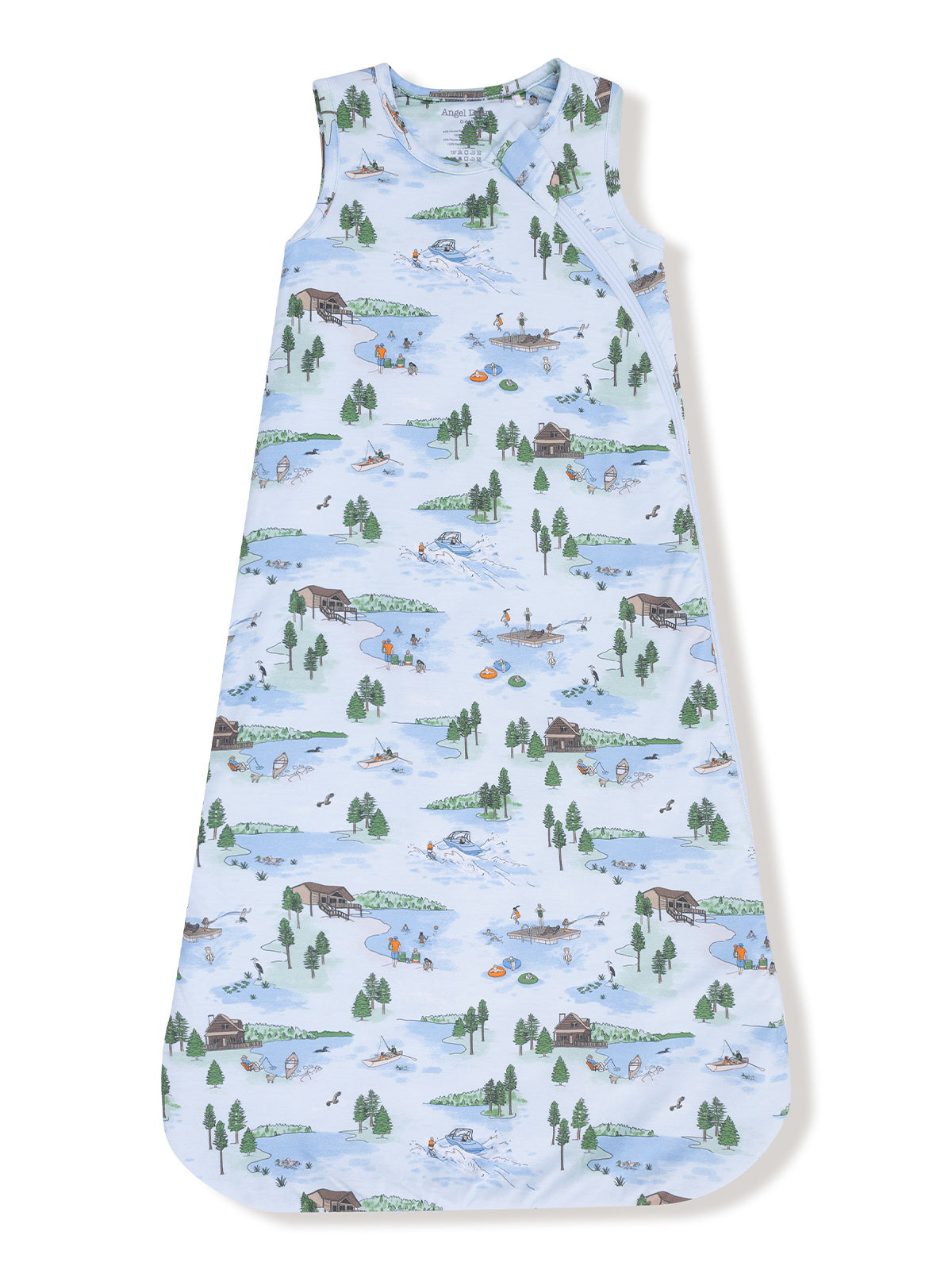 Light blue sleep sack featuring a scenic outdoor print with trees, water, and activity illustrations.