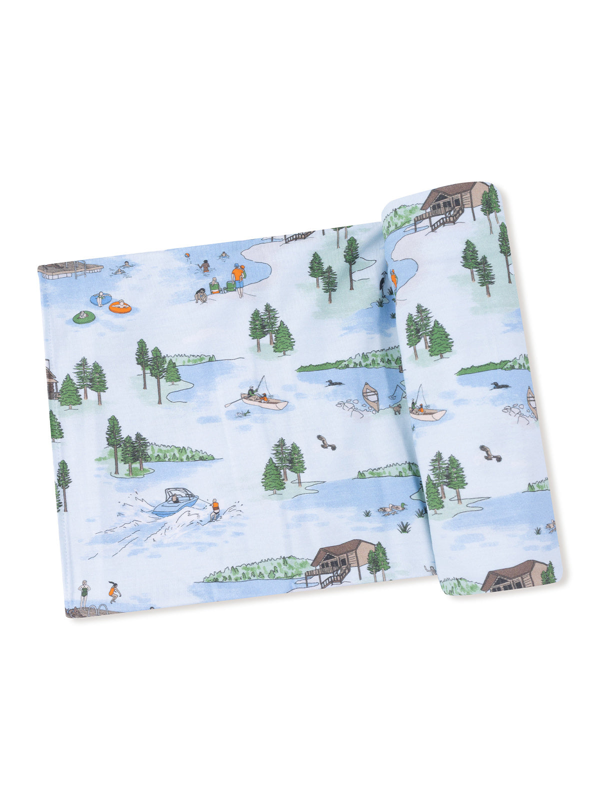 Patterned fabric featuring outdoor scenes with boats, lakes, trees, and people enjoying various activities.