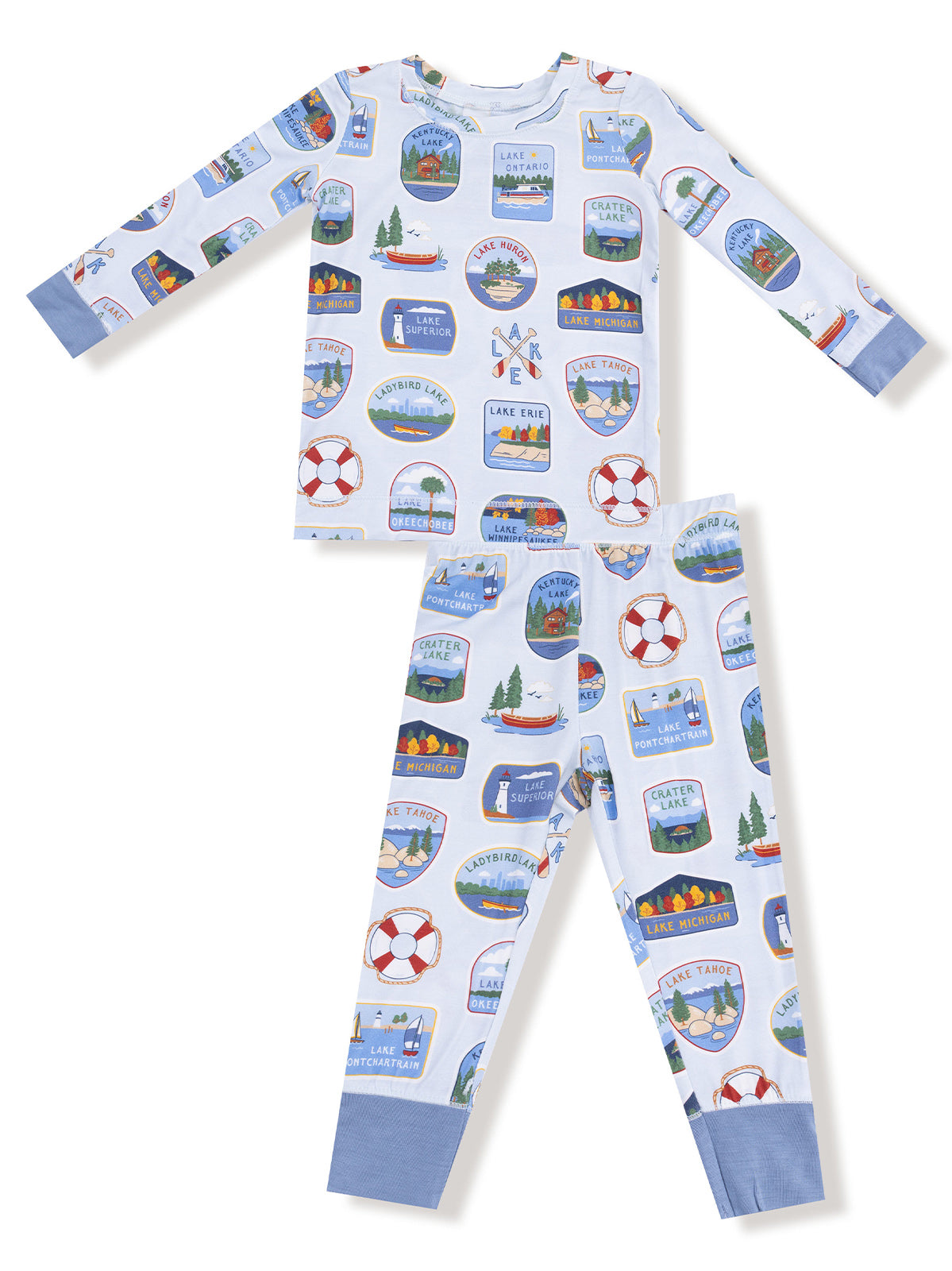 Children's pajamas featuring colorful lake-themed prints and patterns in various shapes and sizes.