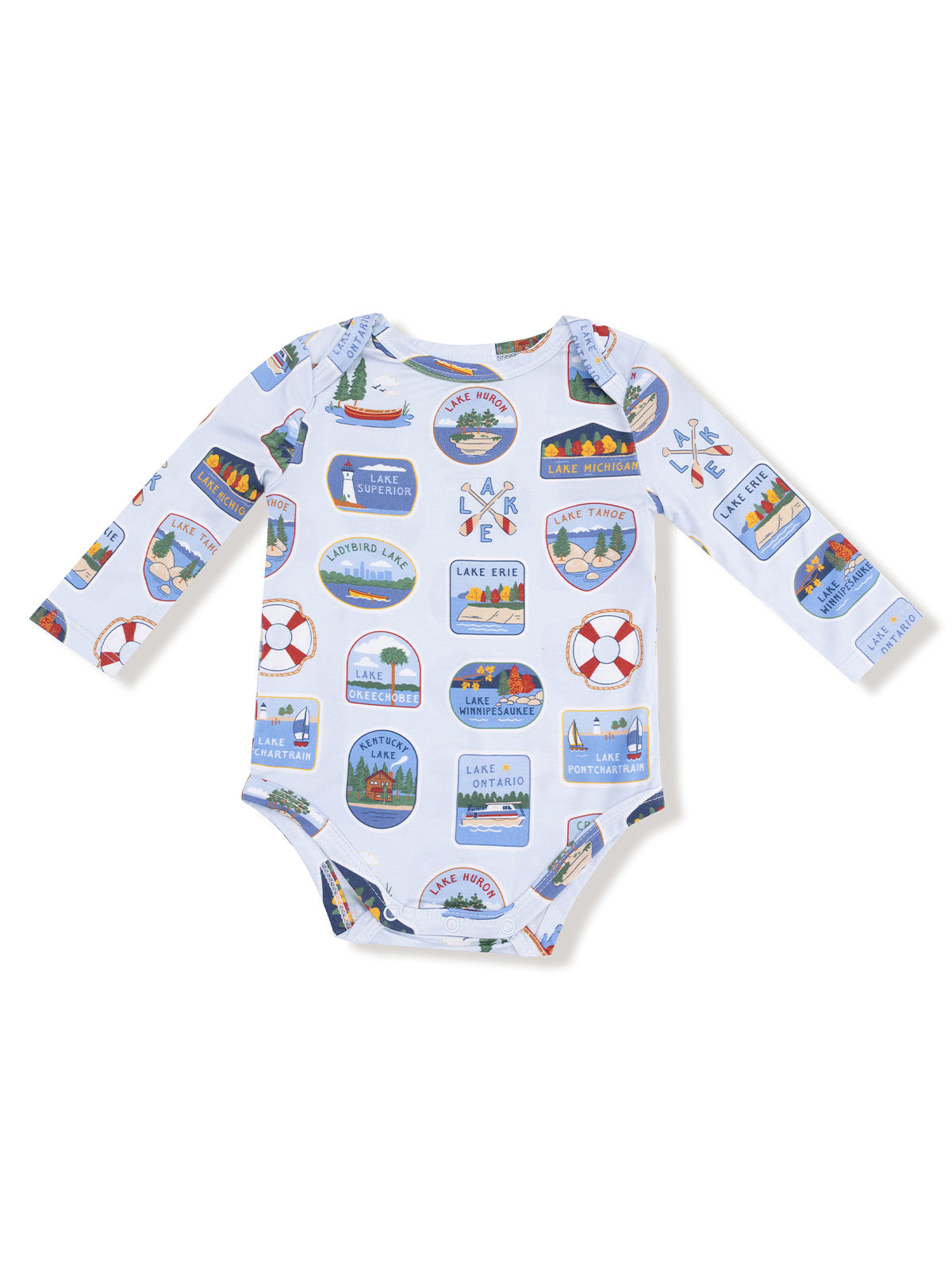 Child's long-sleeve onesie featuring colorful lake-themed prints and graphics on a light blue background.