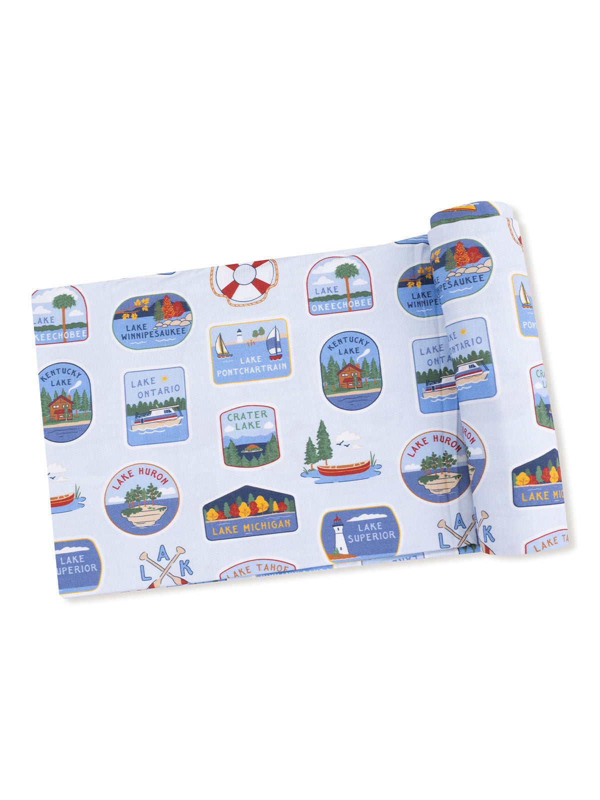 Light blue fabric featuring colorful illustrations of various lakes and their names in decorative labels.