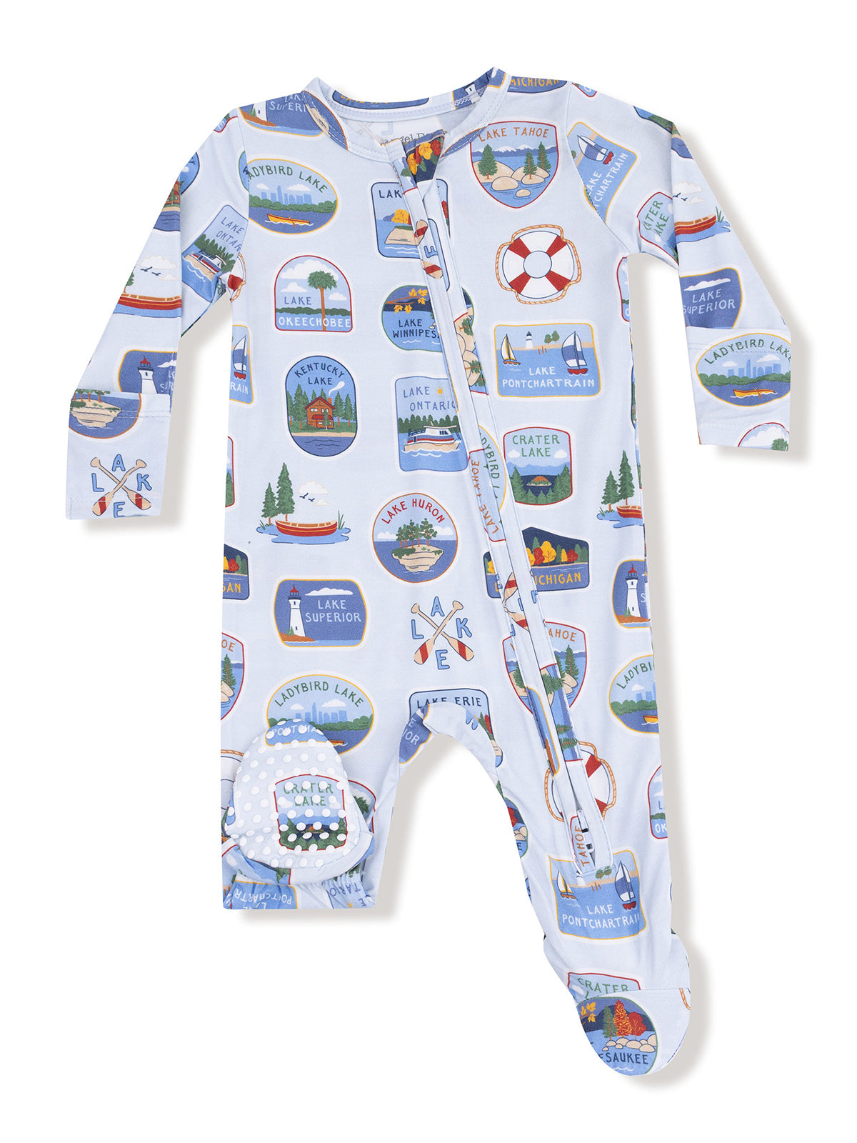 Light blue baby onesie with various lake-themed graphics and a zipper closure. Ideal for comfortable sleepwear.