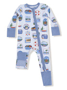 Light blue pajamas featuring colorful lake-themed graphics and a zip closure with a pocket. Ideal for kids' sleepwear.