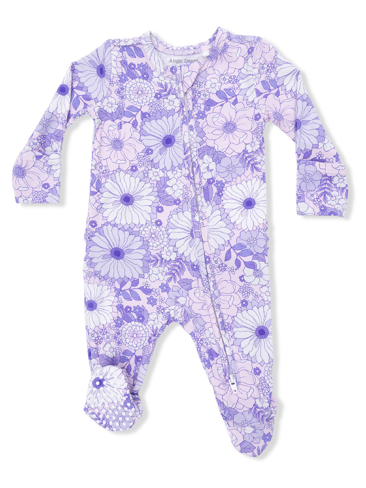Purple floral baby onesie with long sleeves and footed design, featuring a full front zipper.